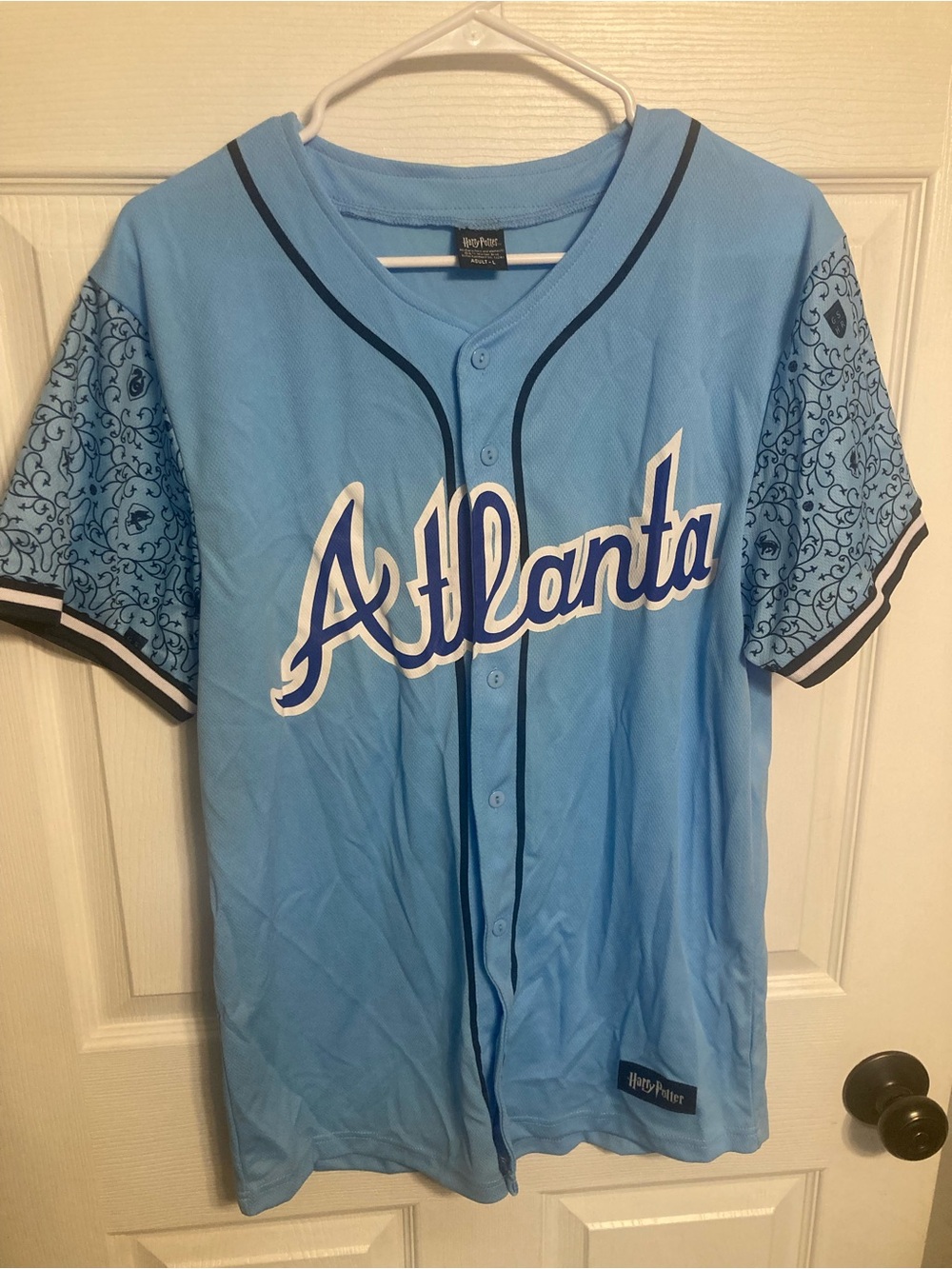Light Blue Atlanta Braves Harry Potter Baseball Jersey with Navy Trim